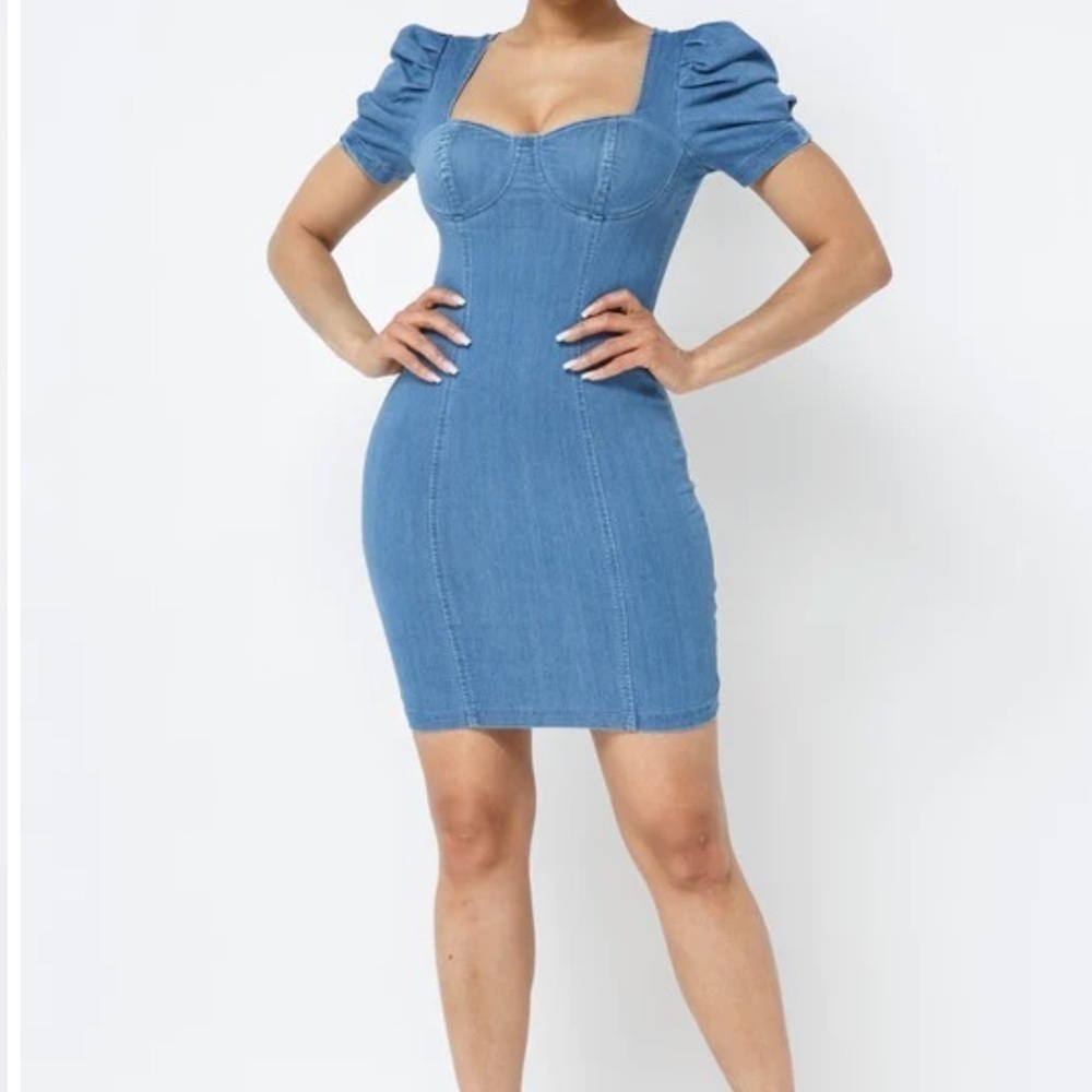 Puff Sleeve Denim Midi. Medium Stretch Solid Color. Cuff Bust. Medium.